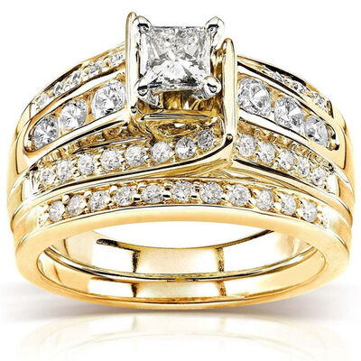 

2Pcs\Set Charm Crystal 14K Yellow Gold White Topaz Ring Anniversary Gift Engagement Bridal Wedding Rings