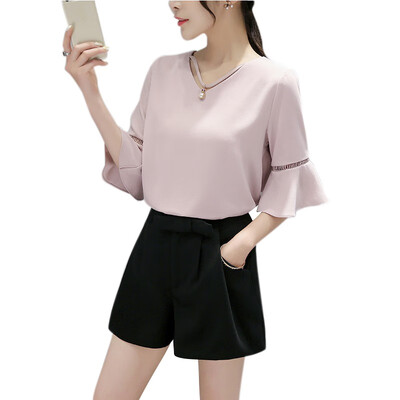 

Women Blouses Shirt Hollow Out Pearl Blouse Tops For Shirt Casual Flare Sleeve Work Blusas White Pink