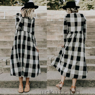 

Fashion Women Summer Long Sleeve Plaid Dress Ladies Casual A-Line Midi Dresses