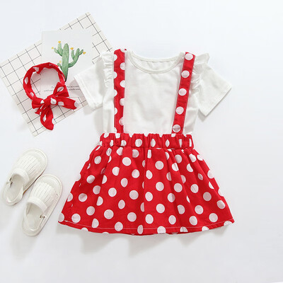 

2PcsSet Summer Baby Girl Short Sleeve Cotton T-shirt Blouse Polka Dot Strap Skirts With Headband Casual Outfits Set