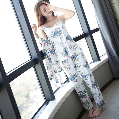 

3PC Women Sexy NightWear Floral Print Breathable Comfortable Casual Tank Top Coat Pants Set Female Sleepewear Nightgown Pajama