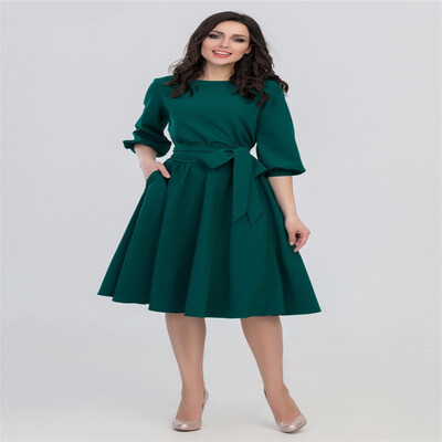 

2018 Autumn Vintage Soild Lantern Sleeve A-Line Dress Women Elegant O-Neck Half Sleeve Pocket Sashes Knee-Length Casual Dress