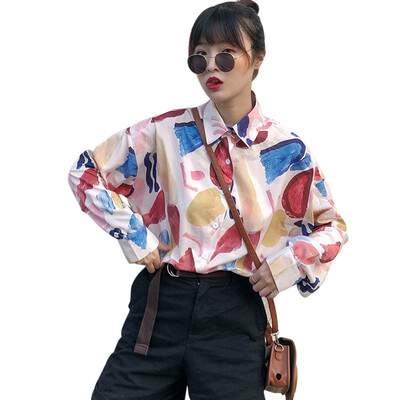 

Fashion Women\s Print Shirt Lapel Long-sleeved Blouses Casual Loose Cardigan Blouse Tops