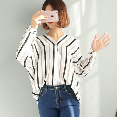 

WEIXINBUY Women AutumnSpring Simple Fashion Casual Loose Blouses Long Sleeve V-Neck Striped Shirt Lady blusas Tops