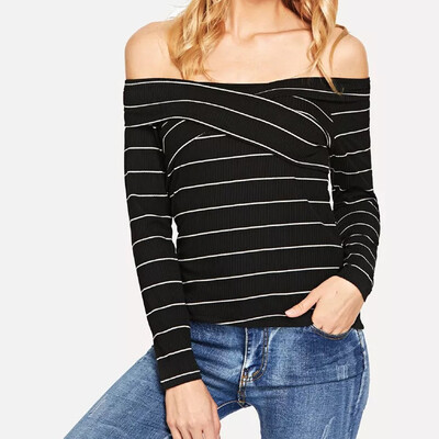 

Tailored Fashion Women Sexy Top Stripe Off Shoulder Long Sleeve Casual Blouse