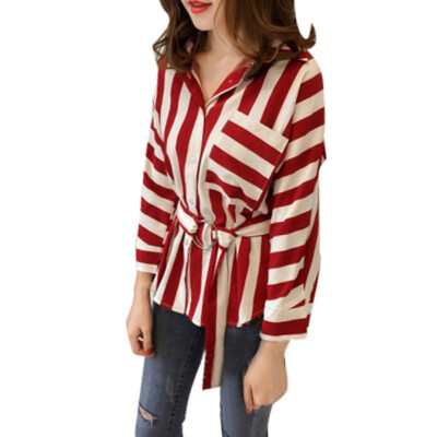 

Summer Fashion Women Long Sleeve Turn down Collar Striped Blouse With Belt Casual Loose OL Blusa Elegant Blouse Shirts