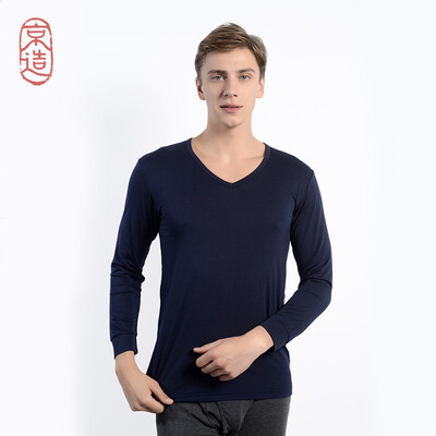 

JZAO mens thermal underwear heating fiber thin section Slim long-sleeved T-shirt Navy blue V-neck  code