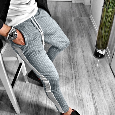 

Gobestart Mens Slim Casual Stripe Print Drawstring Elastic Waist Long Pants Trousers