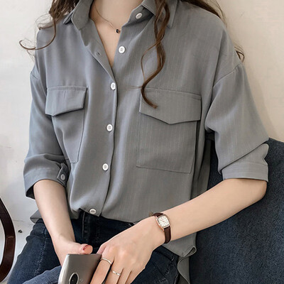 

Korean Style Women Blouses Shirts Fashion Striped Half Sleeve Pockets Shirts Autumn Casual Turn-down Collar Blouses Tops Female