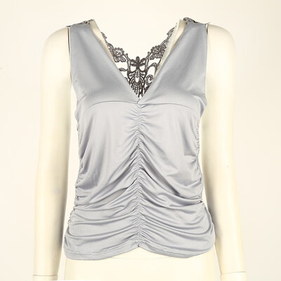 

Plus Size Sexy Women Summer Lace Backless Vest Sleeveless V-neck Pleat Casual Tank Tops Milk Slik Fashion Female Tops 4 Colors