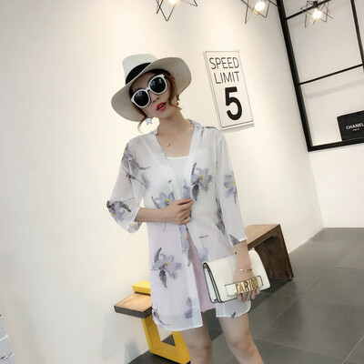

Summer Womens Cropped Sleeve Print Long Kimono Cardigan Blusas Jacket Casual Loose Sunblock Shirt