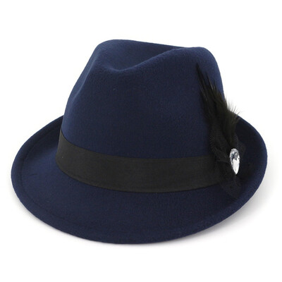 

6 Colors Men Hard Felt Feather Trilby Jazz Hat Woolen Pork Pie Hat
