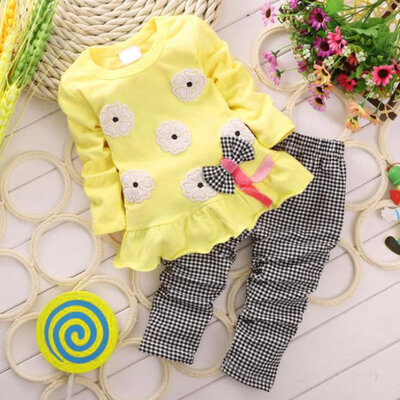 

2pcs Spring Fall Girls Clothing Set Baby Kid Casual Long-sleeved Floral t-shirt Plaid Long Pants