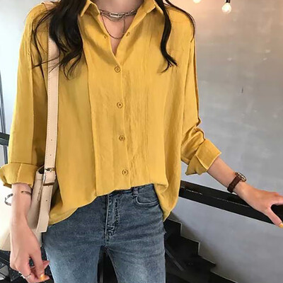 

Simple Women Blouse Vintage Solid Color Sweet Lapel Shirt Loose Single-breasted Long Sleeve Blouse Blusas Mujer De Moda
