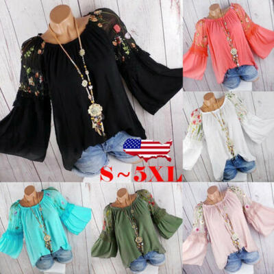 

US Womens Plus Size Tops Long Sleeve Casual Floral Shirt Ladies Loose Blouse Tee