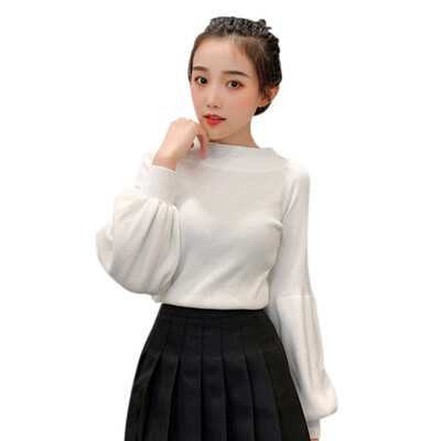 

Lantern Sleeve Slim Pullover Sweater Women New Word Collar Solid Color Casual Fashion Long Slim Sweater