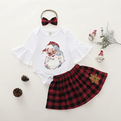 

Autumn Baby Christmas Clothing Sets Newborn Girl Santa Claus Print Romper Plaid Skirt Headband Costume