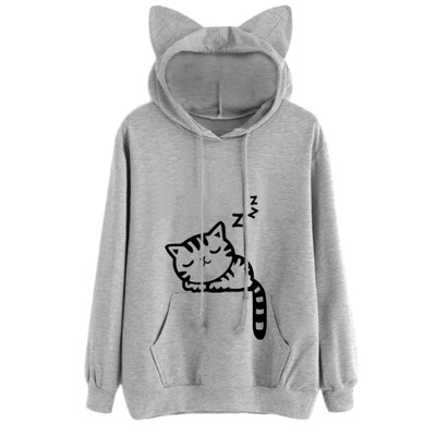 

New 2017 Winter Fashion Women Cat Ear Hooded Sleep Cat Printed Long Sleeve Pullovers Female Fashion Sweatershirt Women