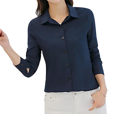 

Women Spring Summer Long Sleeve Lapel Casual Chiffon Solid Color Blouse