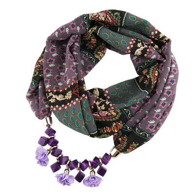 

New Geometric Beads Necklaces Printing Flowers Pattern Wrap Chiffon Statement Scarf Necklace For Women Bohemian Jewelry