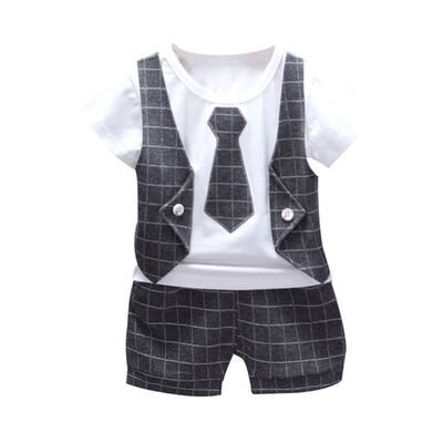 

Summer Baby Boys Clothes Short Sleeve Fake 2 Piece Gentle Plaid Print Tops T-shirtShorts Casual Outfits Sets