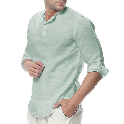 

Tailored Mens Linen Button Three Quarter Sleeve Solid Color Loose Casual T Shirt Blouse