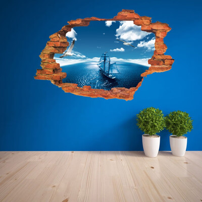 

Sunset Wall Sticker 3D Broken Scenery Seascape Island Trees Household Adornment Remove Wall Stickers For Home Decoration