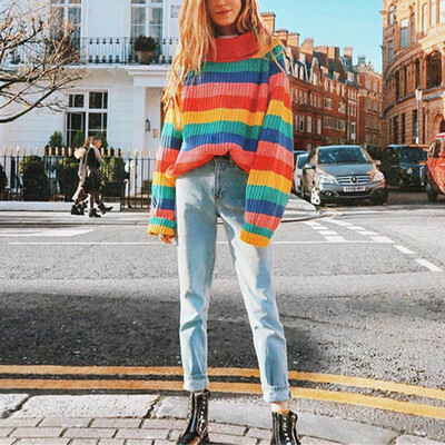 

2019 Autumn And Winter Turtleneck Rainbow Striped Sweater Womens Loose Sweater Top