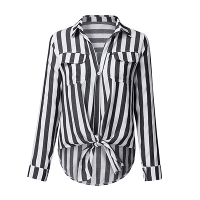 

Women Blouses Autumn Long Sleeve V Neck Lace up Stripe Shirt Casual Tops chemise femme camisas mujer Lady blouses