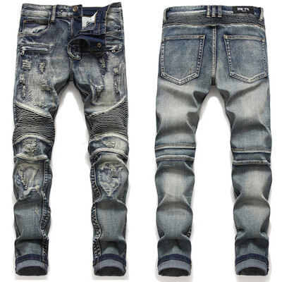 

Gobestart Mens Nostalgic Moto-Biker Hole Denim Multi-zipper Jeans Pleated Long Pants