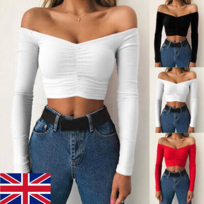 

UK Women Casual Long Sleeve Pullover T-Shirt Autumn Off Shoulder Blouse Crop Top