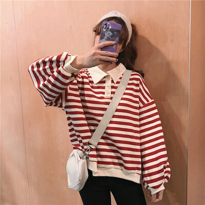 

Autumn Thin Section Wild Loose Lazy styple Color Stripes Polo Collar Clothes Women