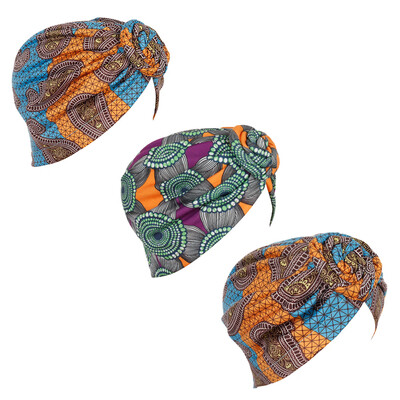 

3PC Women Turban African Pattern Knot Headwrap Beanie Pre-Tied Bonnet Chemo Cap Hair Loss Hat