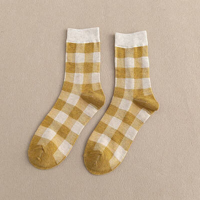 

New Fashion Cotton Socks College Style Ladies Plaid Colorblock Tube Socks