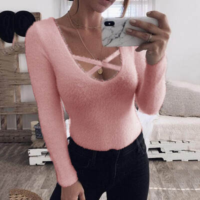 

Gobestart Womens Winter Fashion Round Neck Fork Fur Warm Color Top Blouse