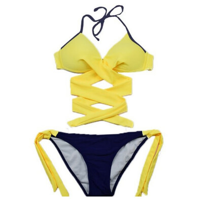 

2019 Women Swimsuit Push Up Swimwear Criss Cross Bandage Halter Beach Bathing Suit Swim Wear Two Piece Bikini Set Pro