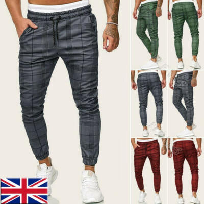 

Designer Mens Casual Skinny Stretch Slim Fit Chinos Gray Check Tartan Trousers