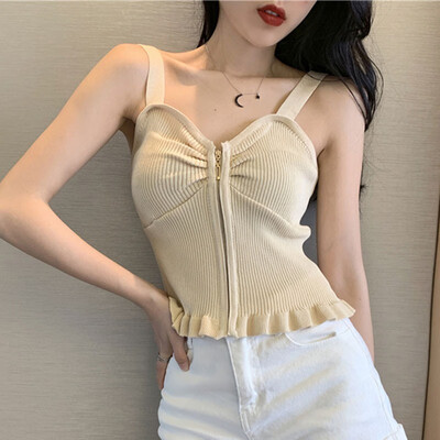 

Summer Fashion Women Tank Tops Sleeveless Ruffles Top Women Zippered Solid Knitted Slim Casual Bottoming Shirt Tank Tops
