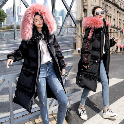 

Sequins with large fur collar&golden fleece womens style chic show thin warm thick cotton jacket winter wear new trend
