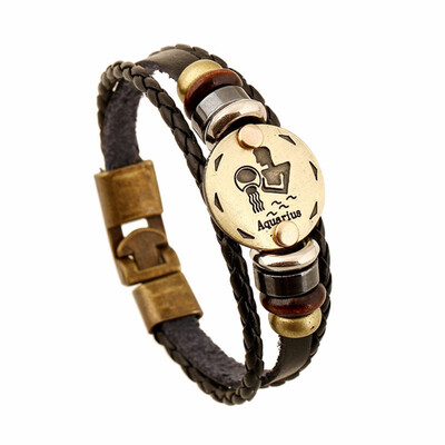 

Fashionable Bronze Alloy Buckles Zodiac Signs Bracelet Punk Leather Bracelet Wooden Bead & Black Hematite Lover Charm Jewelry
