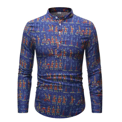 

Tailored Mens Ethnic Long Sleeve Casual Cotton Linen Printing Hawaiian Shirt Blouse