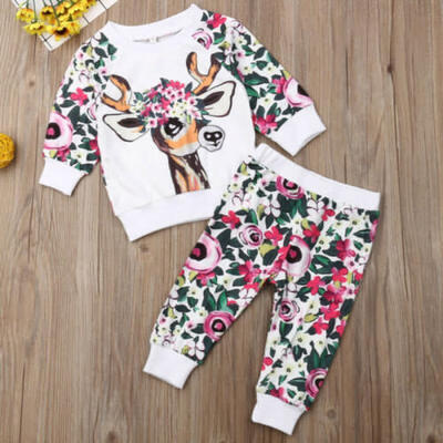 

Baby Girl Kids Sweatshirt Tops Long Pants 2pcs Floral Deer Outfits Clothes US
