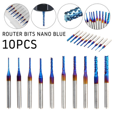 

10x 08-3mm 18" Shank Nano Blue Coat End Mill Cutter CNC Router Bit Tool Set US