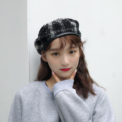 

Hat Female Japanese Restoration Chequered Beret Summer Thin Breathable Painter Hat Lovely Eight-cornered Cap with Soft Girls