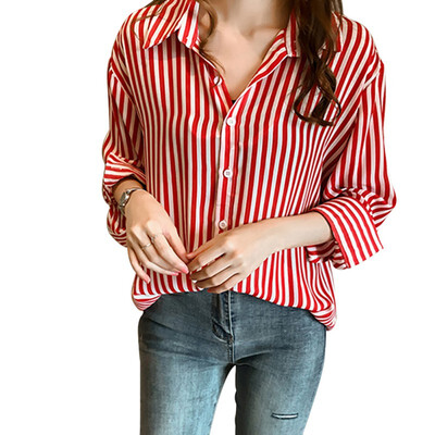

Women Fashion Stripes Print Lapel Shirt Autumn Loose Single-breasted Long Sleeve Graphic Aesthetic Blouse