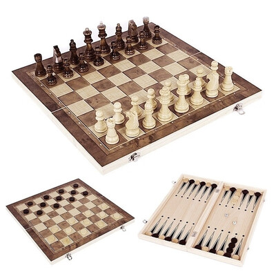 

New 3 in1 Foldable Wooden Chessboard Travel Chess Set Schaken Backgammon Draughts