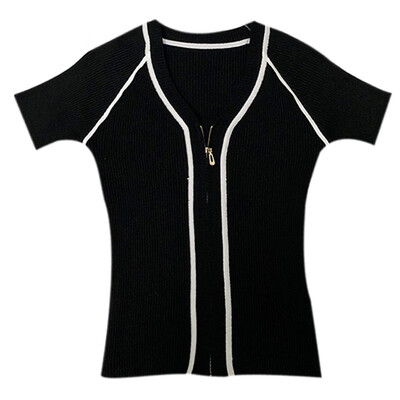

Women Summer t shirt Sexy Casual All-match Concise tshirt V-neck Zipper Slim Fit Short Sleeve Knitwear Tshirt