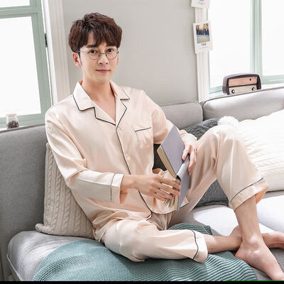 

Spring&Autumn Ice Silk Pajamas Sets Couple Silk Long Sleeve Soft Home Service Suit Couple Family Pajamas Set