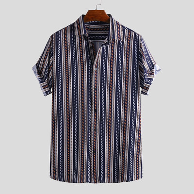 

Toponeto Mens Colorful Stripe Summer Short Sleeve Loose Buttons Casual Shirt Blouse
