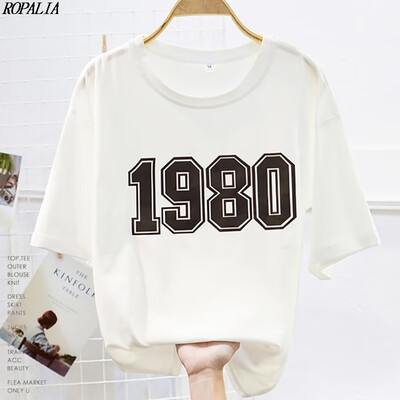 

Womens Round Neck Numbers Print Short Sleeve T-Shirt Simple Loose Korean Style Casual T-Shirts Tops